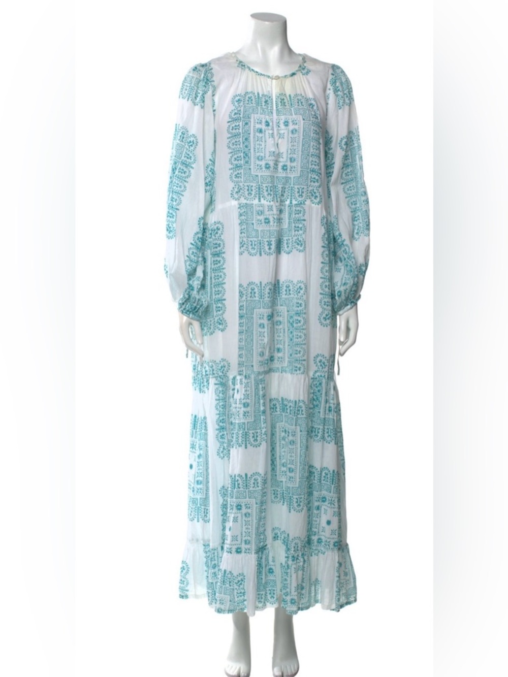 Antik Batik White Maxi Dress with Turquoise Block Print